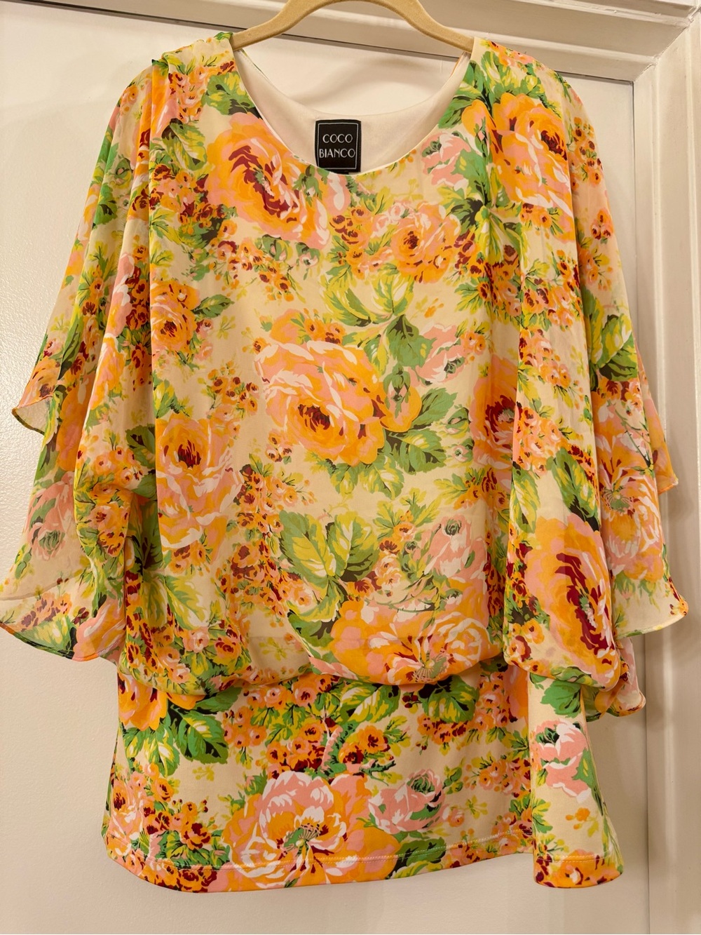 Coco Bianco Floral Peasant Blouse in Peach and Green